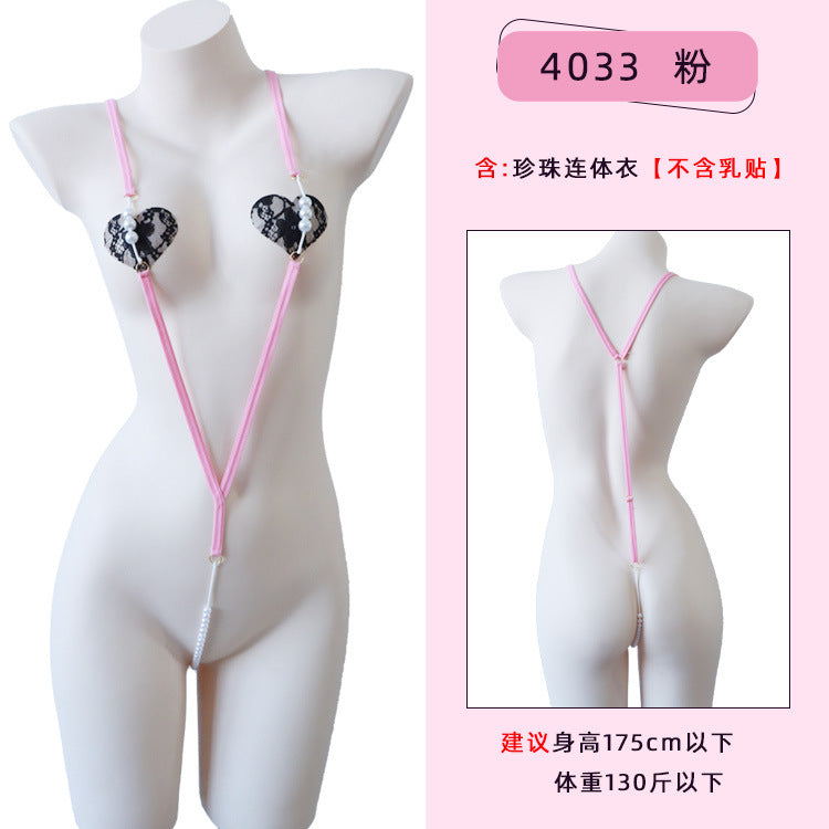 Image of Erotic underwear women's erogenous belt pearl jumpsuit simple webbing pajamas wholesale one piece dropshipping 4033